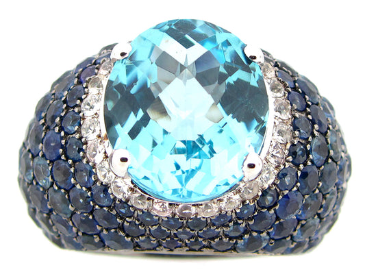 BLUE TOPAZ, WHITE & BLUE SAPPHIRE RING, BLACK FINISH, SILVER (R/H)