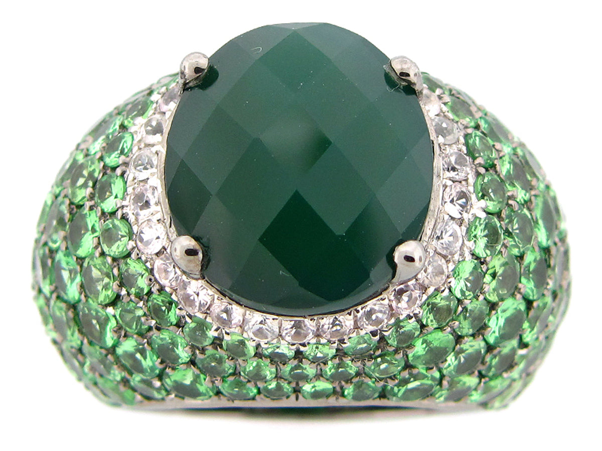 GREEN AGATE, WHITE SAPPHIRE & TSAVORITE, BLACK FINISH, SILVER (D/H)