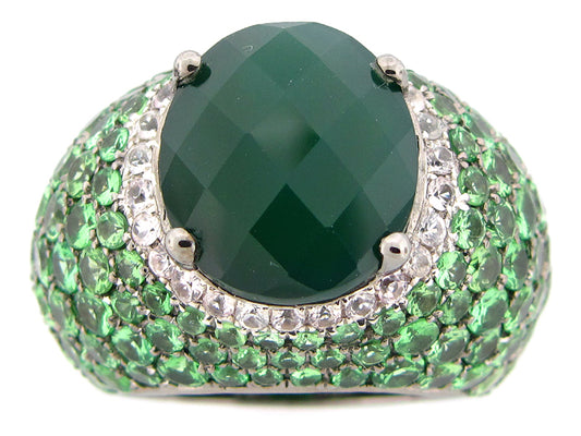 GREEN AGATE, WHITE SAPPHIRE & TSAVORITE, BLACK FINISH, SILVER (D/H)