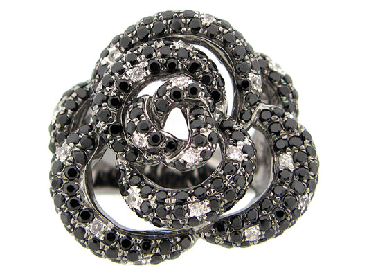 BLACK SPINEL & WHITE SAPPHIRE RING, BLACK FINISH, SILVER (N/H)