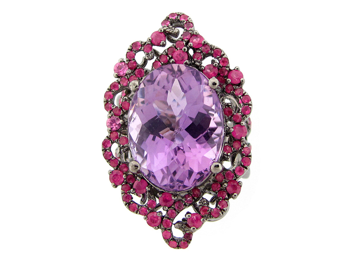AMETHYST & PINK SAPPHIRE RING, BLACK FINISH, SILVER (H)