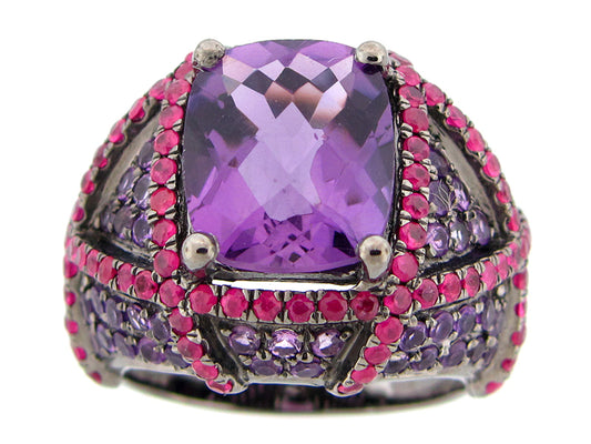 AMETHYST & RUBY RING, BLACK FINISH, SILVER (H)