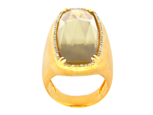 LEMON QUARTZ AND DIAMOND RING, YELLOW FINISH, SILVER (H/N)