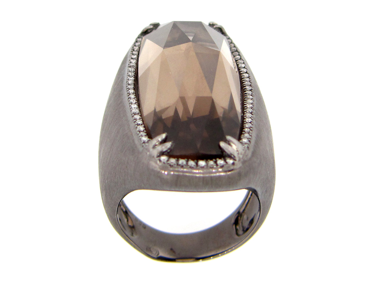 SMOKEY QUARTZ & DIAMOND RING, BLACK FINISH, SILVER (H/N)