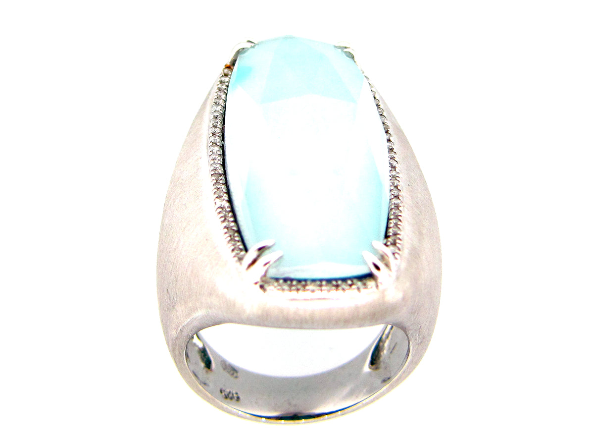 TURQUOISE COLOR QUARTZ DOUBLET AND DIAMOND RING, SILVER (ASBL)
