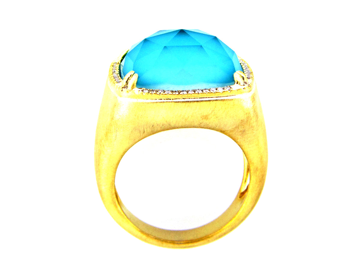 TURQ COLOR QUARTZ DOUBLET & DIA RING, YEL FINISH