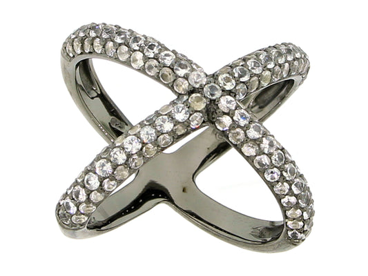 WHITE SAPPHIRE RING, BLACK FINISH, SILVER (H)