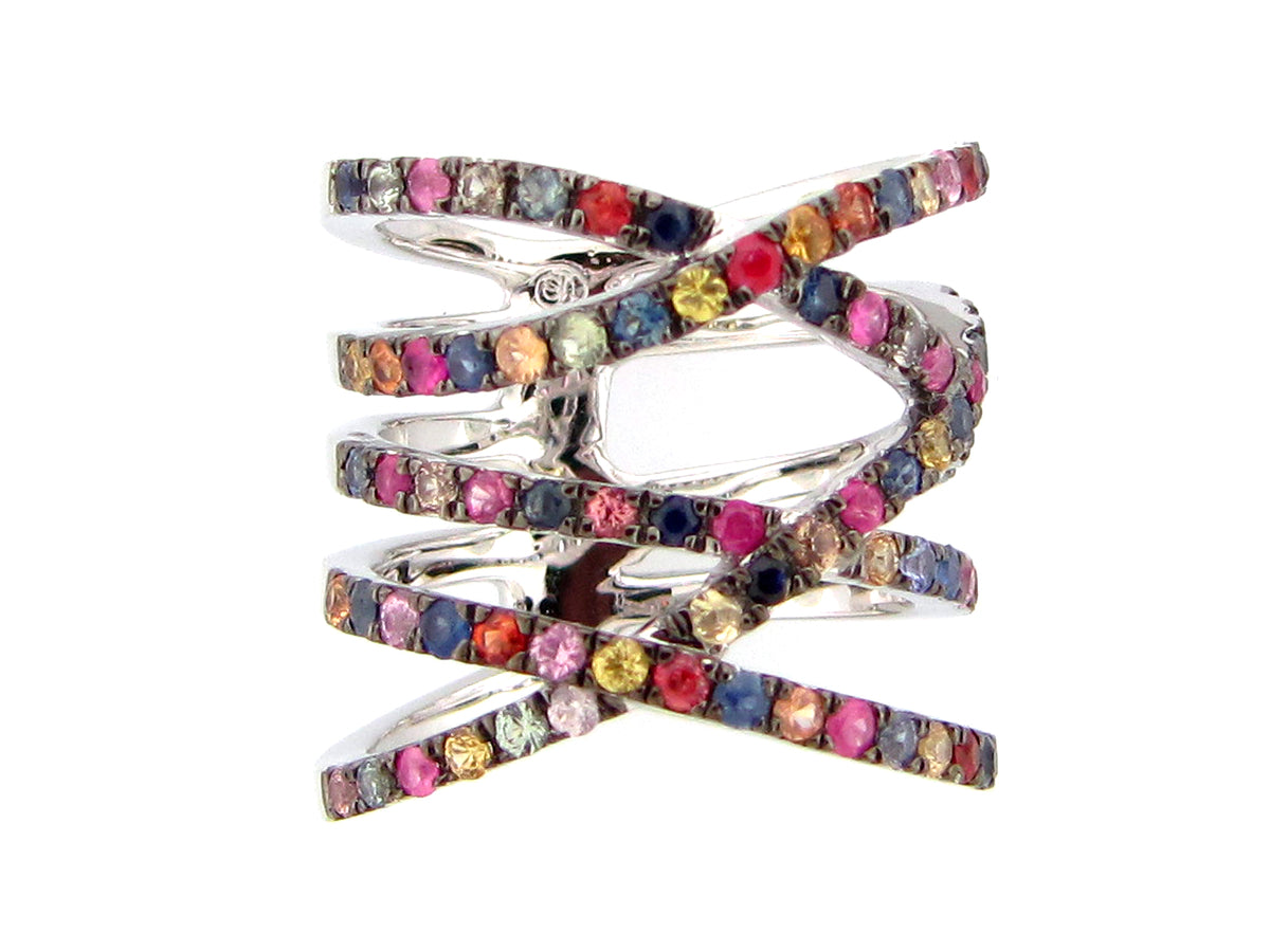 RAINBOW SAPPHIRE MULTI STRAND TUBE RING, SILVER (H/U)