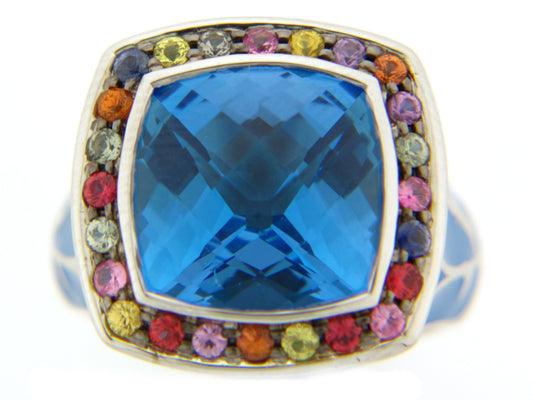 CHB BLUE TOPAZ & MULTI COLOR SAPPHIRE/BLUE ENAMEL RING, SILVER (H/R)