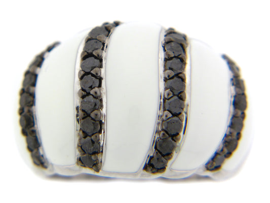 BLACK DIAMOND/WHITE ENAMEL RING, SILVER (R)