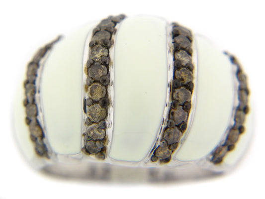 BROWN DIAMOND/CREAM ENAMEL RING, SILVER (N)