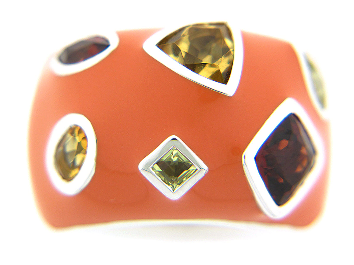 CITRINE/GARNET/LEMON QUARTZ/ORANGE ENAMEL RING, SILVER (H/N)