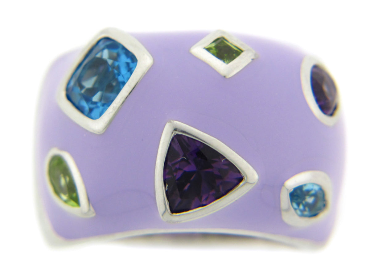 AMETHYST/BLUE TOPAZ/PERIDOT/PURPLE ENAMEL RING, SILVER (H/R)