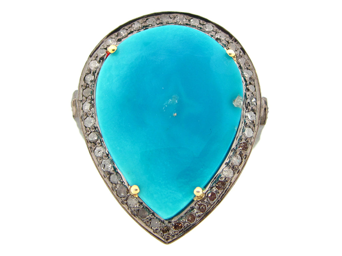 TURQUOISE & BROWN DIAMOND RING, YELLOW FINISH, SILVER (H)
