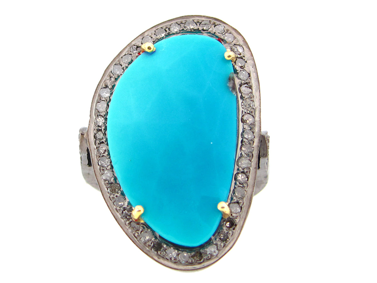 TURQUOISE & BROWN DIAMOND RING, YELLOW FINISH, SILVER (H)