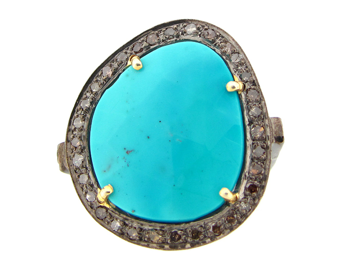 TURQUOISE & BROWN DIAMOND RING, SILVER (H)