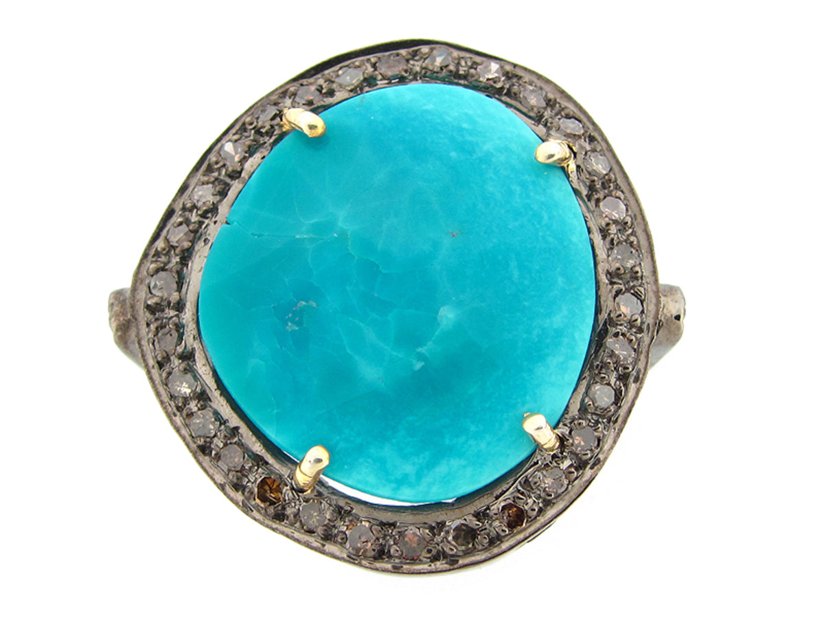 TURQUOISE & BROWN DIAMOND RING, SILVER (H)